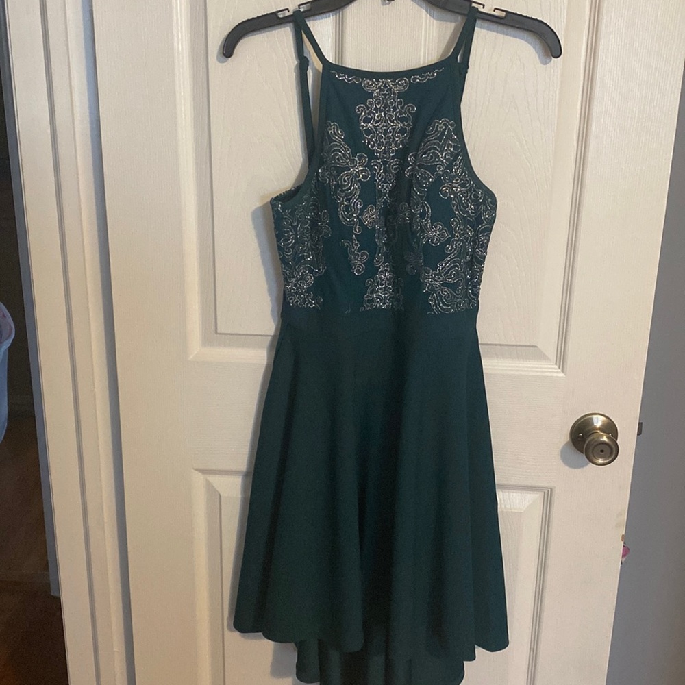 Green and silver high low cocktail dress